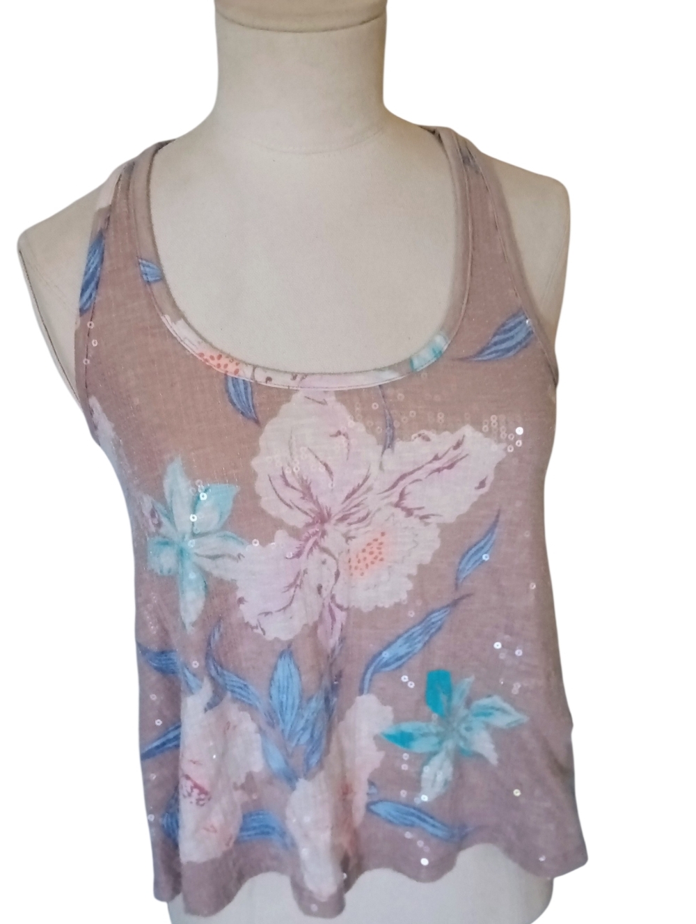 American Rag Cie 1984 Aqua Beige Peach Color Flowy Tank Top W/Sequins Size XS